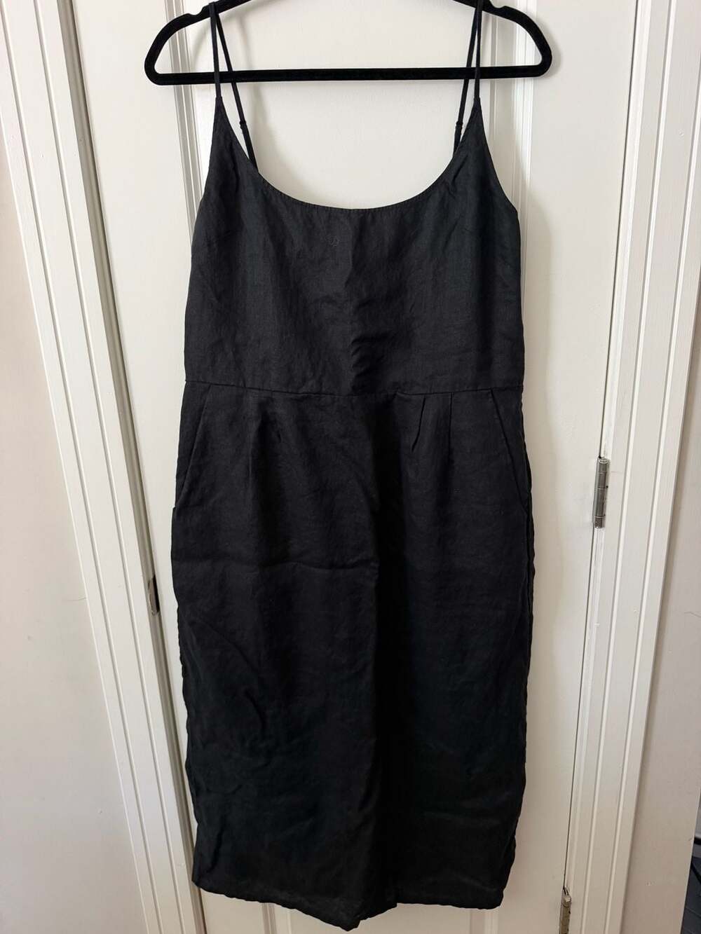 Quince Linen Midi Dress Size L Black Scoop Neck Sleeveless